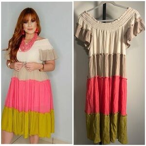 EUC Umgee Dress Cream, Pink, and Green Tiered Flowy Midi Stretchy Large